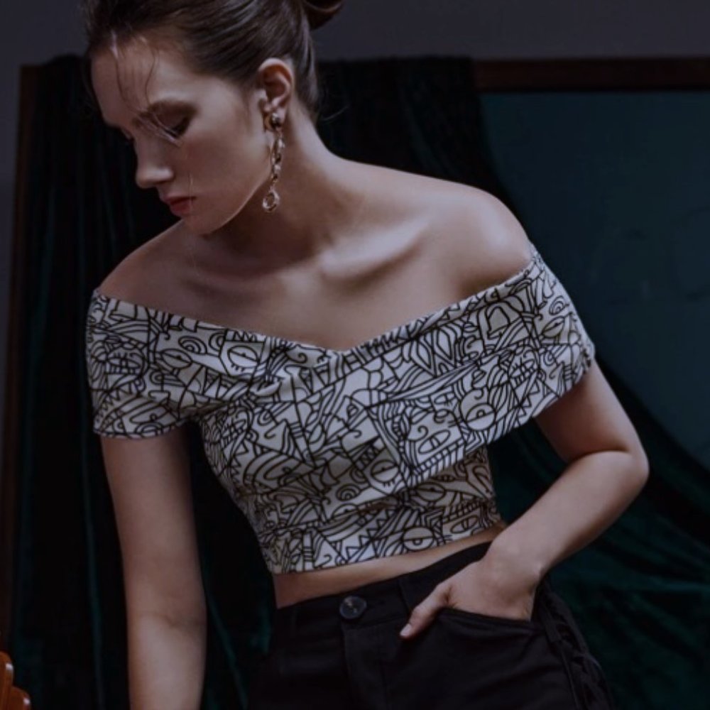 Nath Bermudez Allover Print Wrap Cross Crop Top